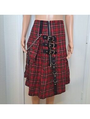 Dead Threads Tartan Plaid Red Rockabilly Goth Midi Skirt Chains Belts Sz 32
